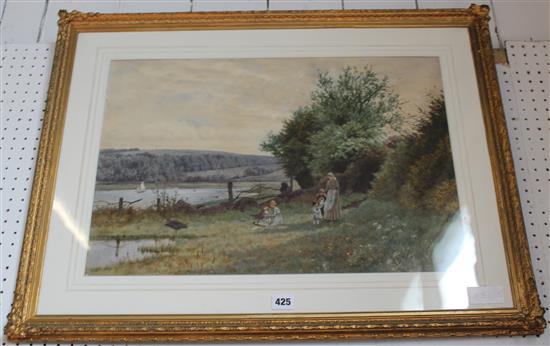 G. Lyons, watercolour, Figures by a lake